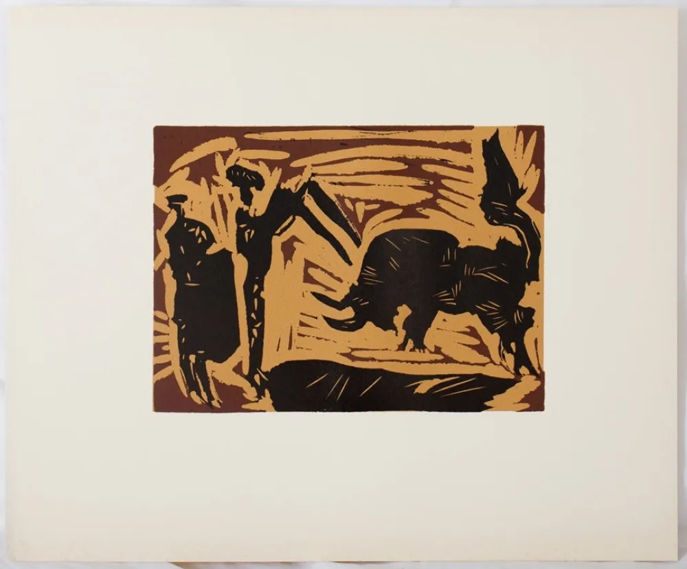 Linoincisione Picasso - Taureau chargeant (les banderilles)