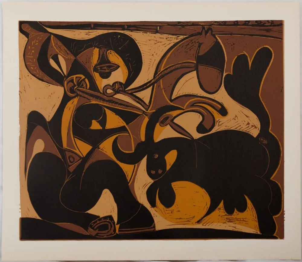 Linoincisione Picasso - Taureau chargeant un picador (La pique)