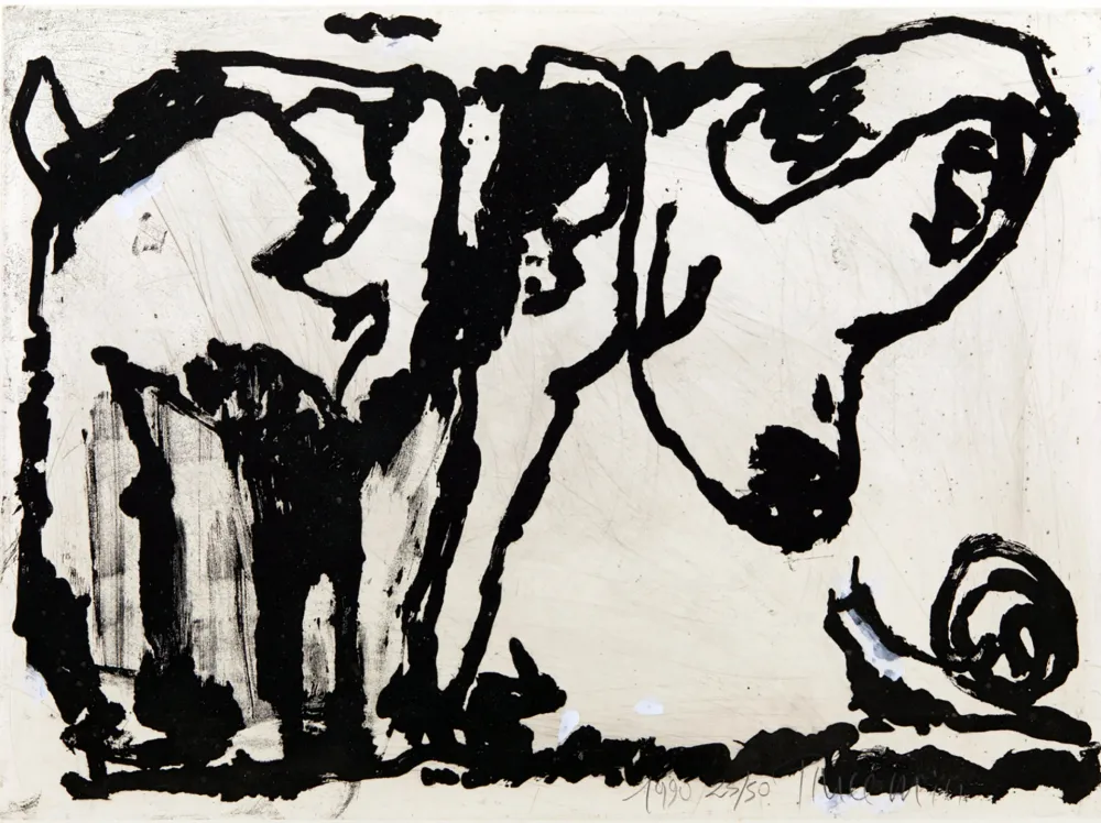 Acquatinta Pincemin - Le chien et l’escargot. Épreuve rehaussée à la gouache (1990)