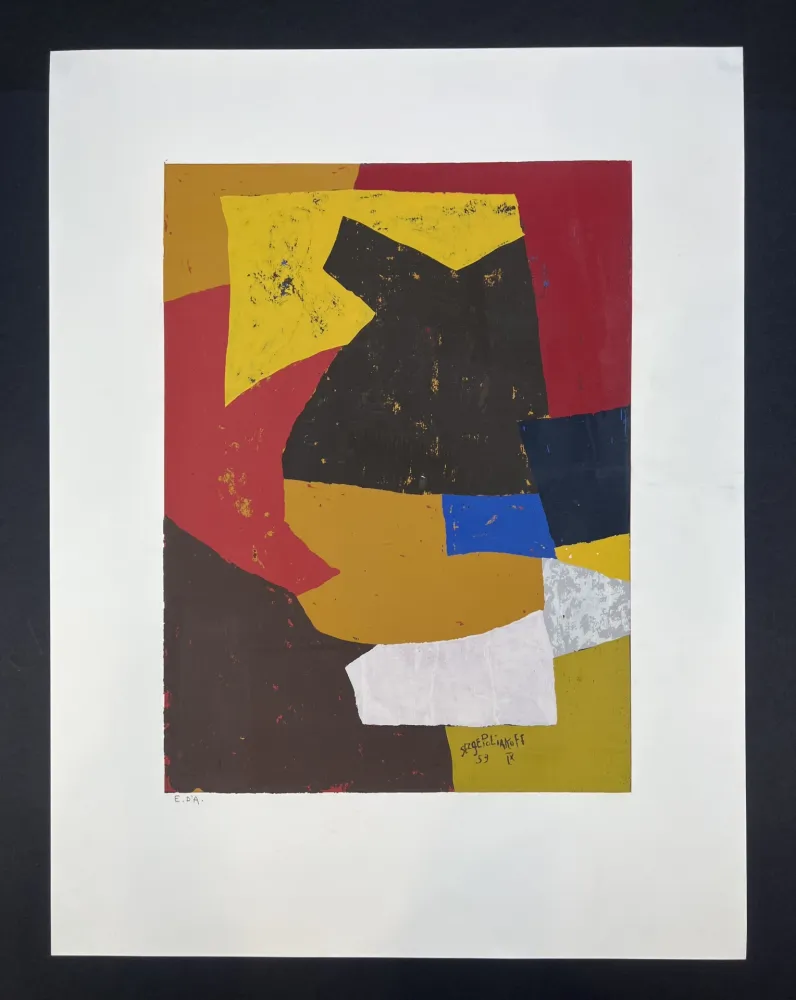 Serigrafia Poliakoff - Composition brune, ocre, blanche et rouge