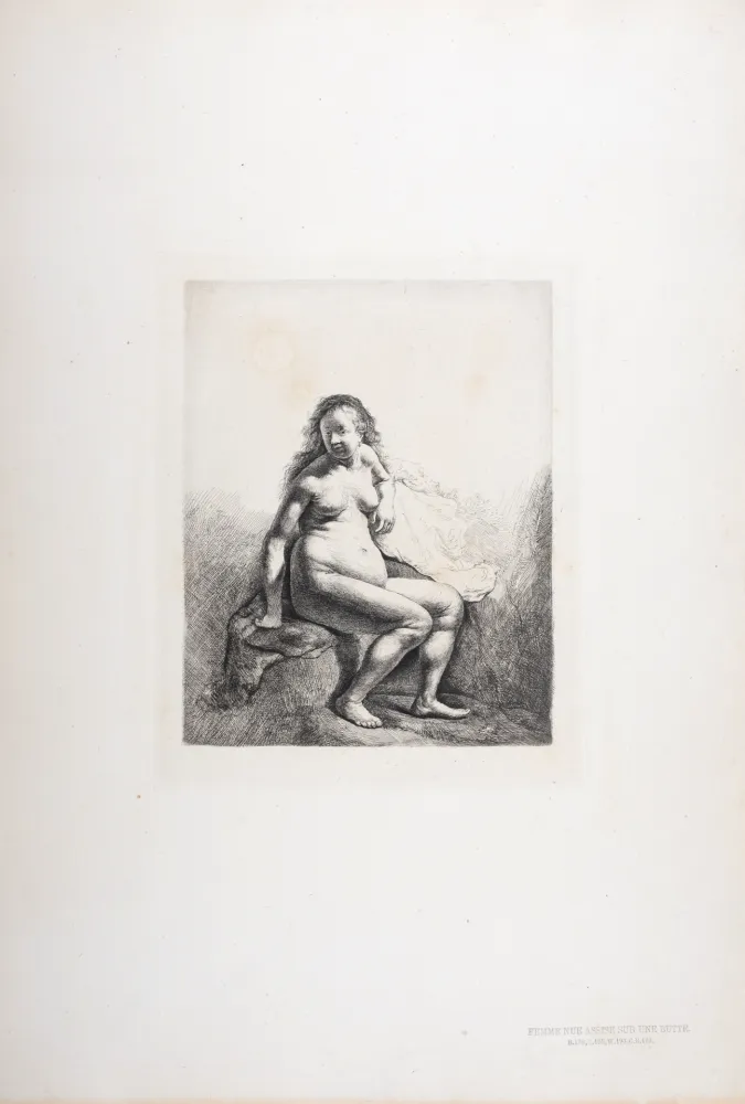 Rotocalcografia Rembrandt - Femme nue assise sur une butte