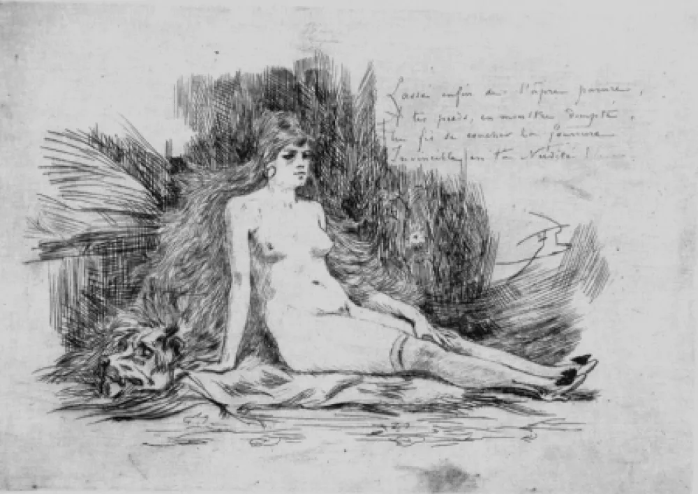 Acquaforte Rops - La petite femme a la fourrure assise