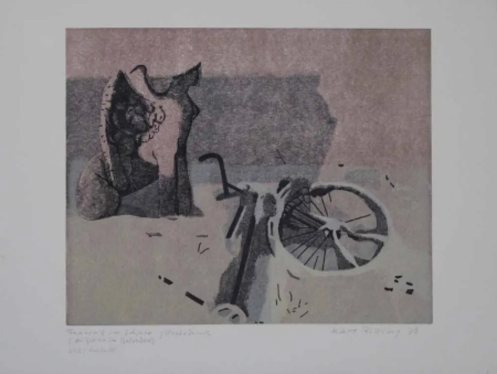 Linoincisione Rössing - Fahrrad im Schnee (Der Sphinx im Belvedere)