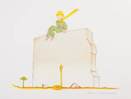Litografia Saint-Exupéry - Le Petit Prince et le serpent au pied du mur