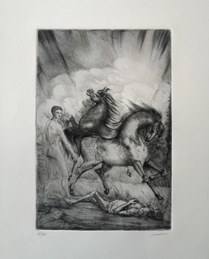 Acquaforte Sassu - Le cavalle ucraine sconvolgono la terra senza pietà.