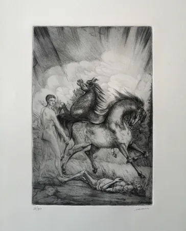 Acquaforte Sassu - Le cavalle ucraine sconvolgono la terra senza pietà.