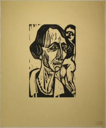 Incisione Su Legno Scherer - Frauenkopf mit Akt