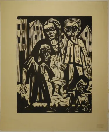 Incisione Su Legno Scherer - Vier Figuren vor Häusern