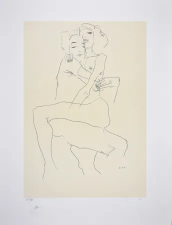 Litografia Schiele - Couple enlacé / couple embracing - 1911
