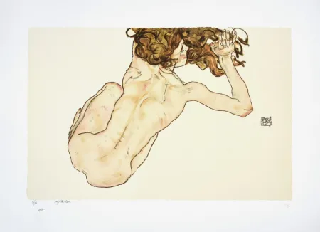 Litografia Schiele - La femme aux cheveux roux, 1917 I The woman with red hair, 1917 (Kauernder Rückenakt / Crouching Nude, Back View)