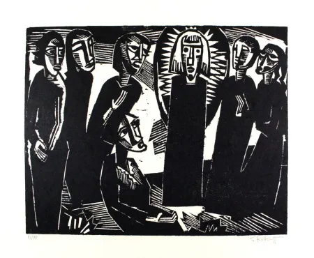 Incisione Su Legno Schmidt-Rottluff -  Christus unter den Frauen / Christ among the Women