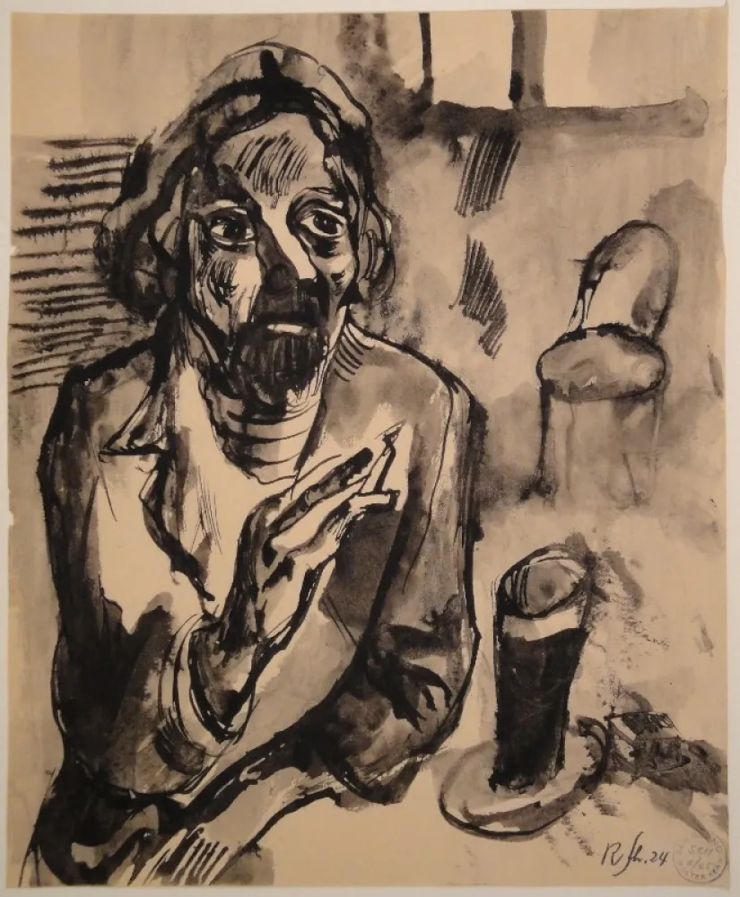 Non Tecnico Schürch - Männliches Porträt (Selbstporträt) mit Glas und Stuhl