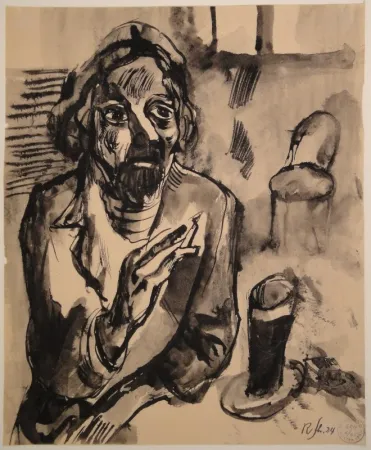 Non Tecnico Schürch - Männliches Porträt (Selbstporträt) mit Glas und Stuhl