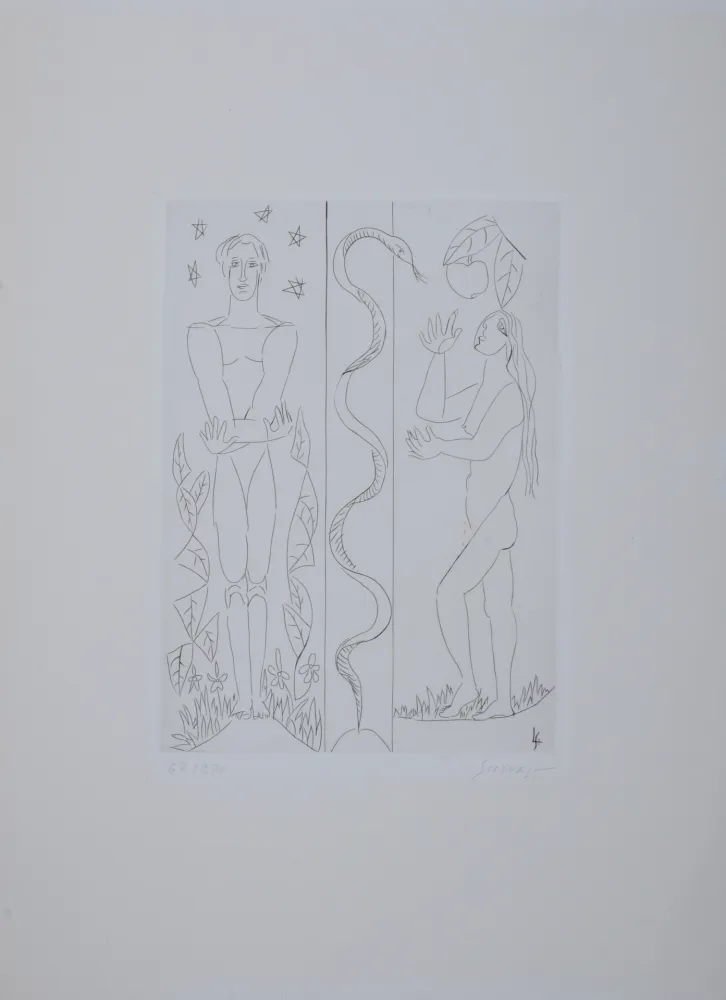 Incisione Survage - Jardin d'Eden : Adam et Eve, vers 1930 - Hand-signed