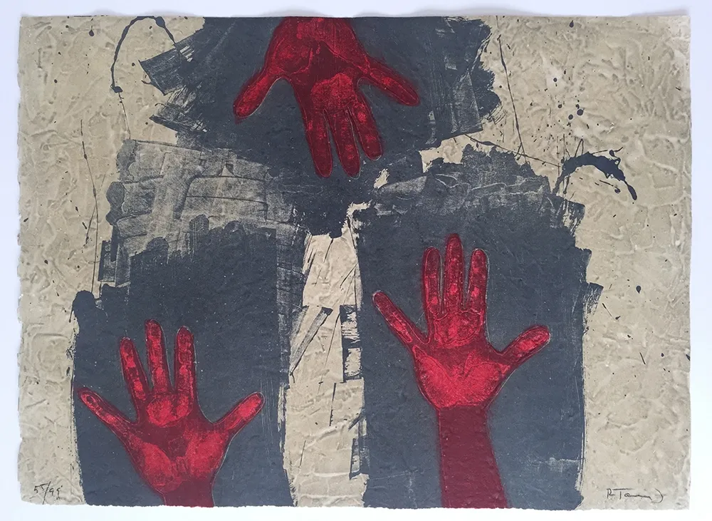 Incisione Tamayo - Manos Sobre Fondo Azul