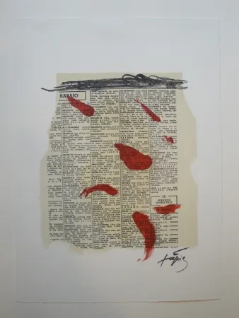 Litografia Tàpies - Rouge sur papier journal
