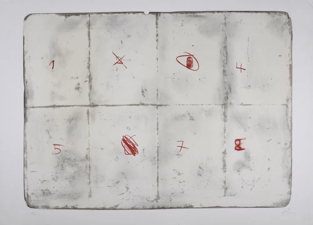 Litografia Tàpies - Toile pliée et chiffres, 1974 - Hand-signed