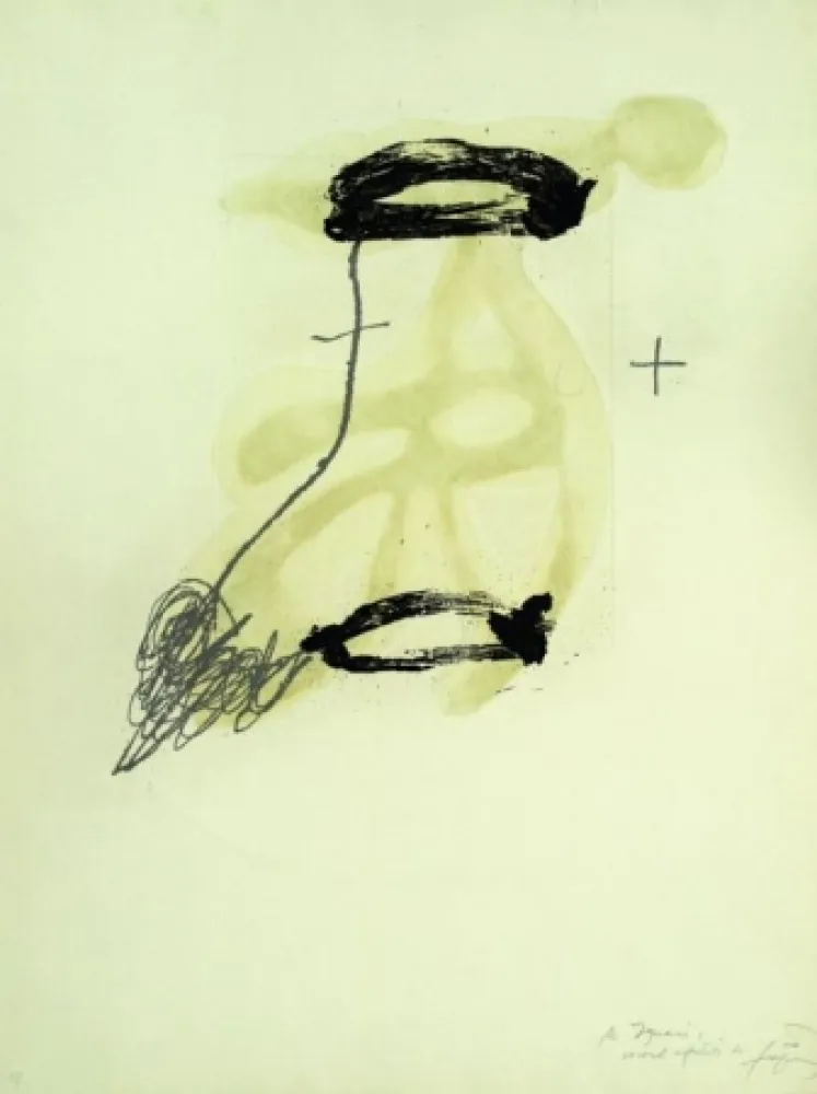 Acquaforte Tàpies - UN FRAGMENT DE STATUE DANS L’HERBE D’UN ENCLOS ENCORE DÉSERT