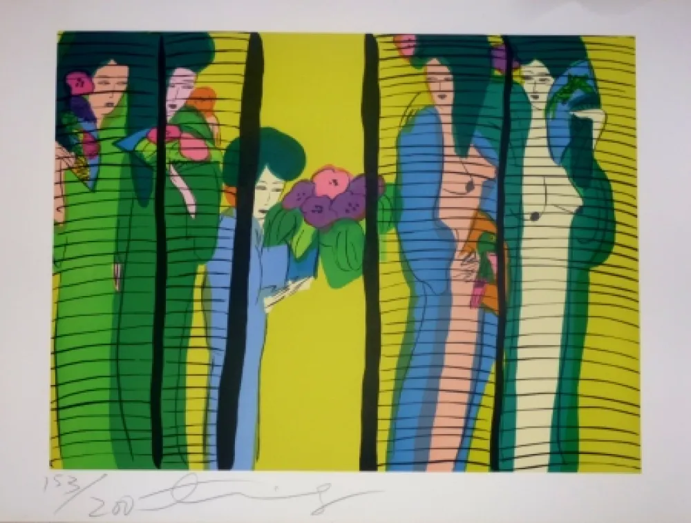 Litografia Ting - Geishas et fleurs