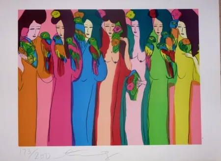 Litografia Ting - Geishas et perroquets