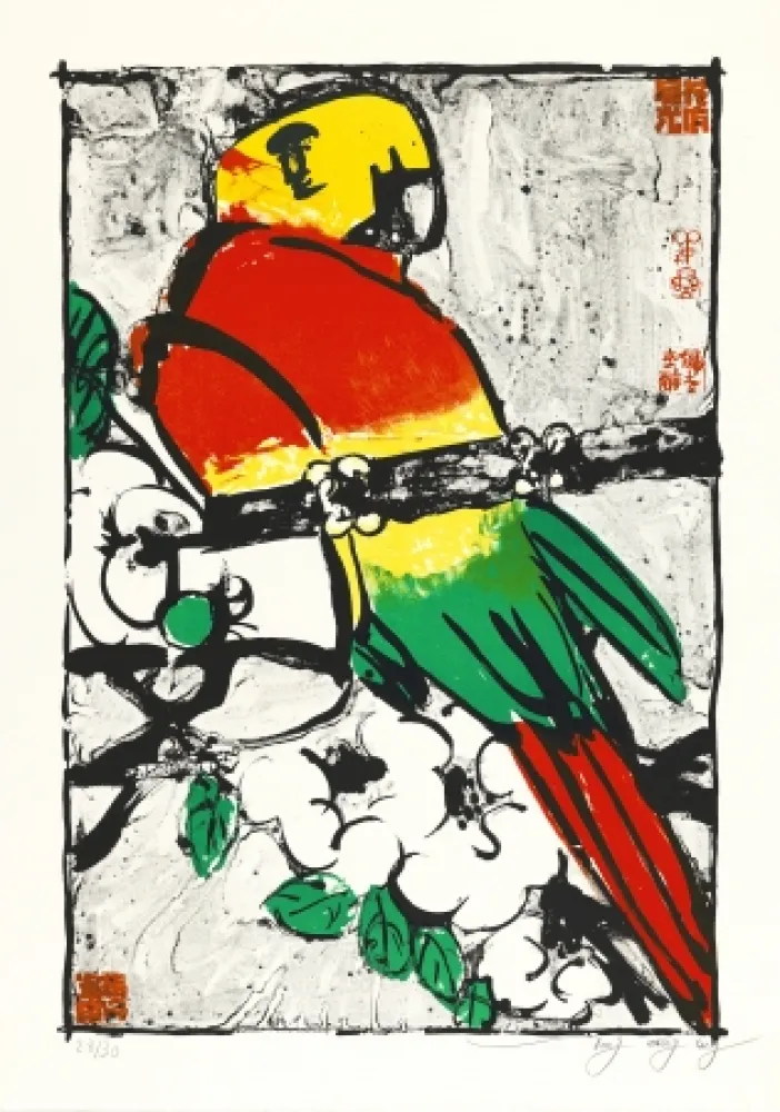Litografia Tongzhengang - Perroquet fond blanc