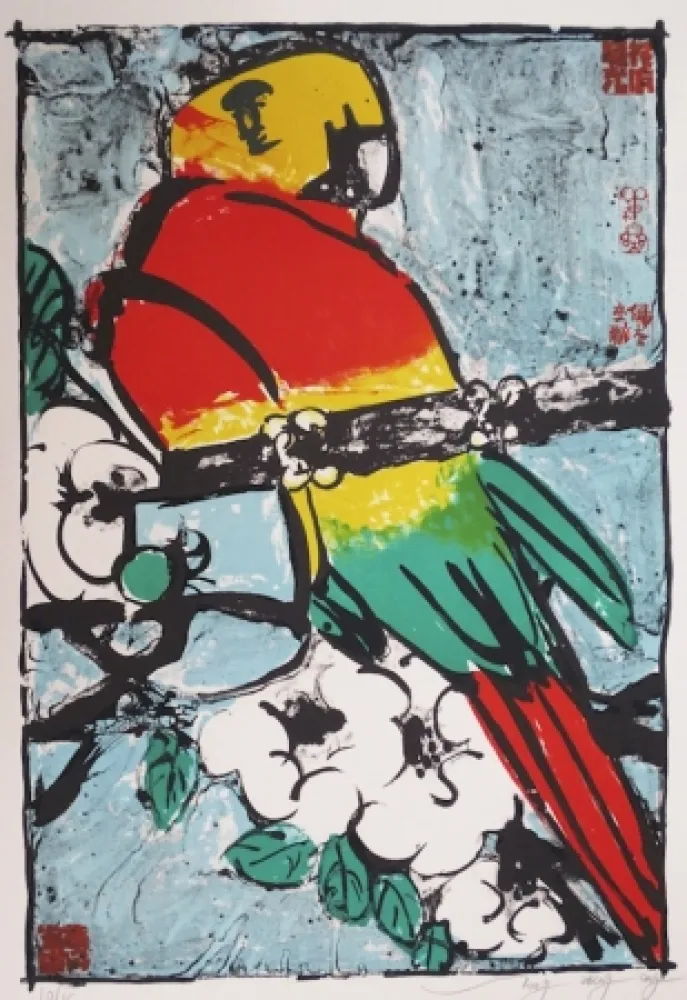 Litografia Tongzhengang - Perroquet fond bleu 