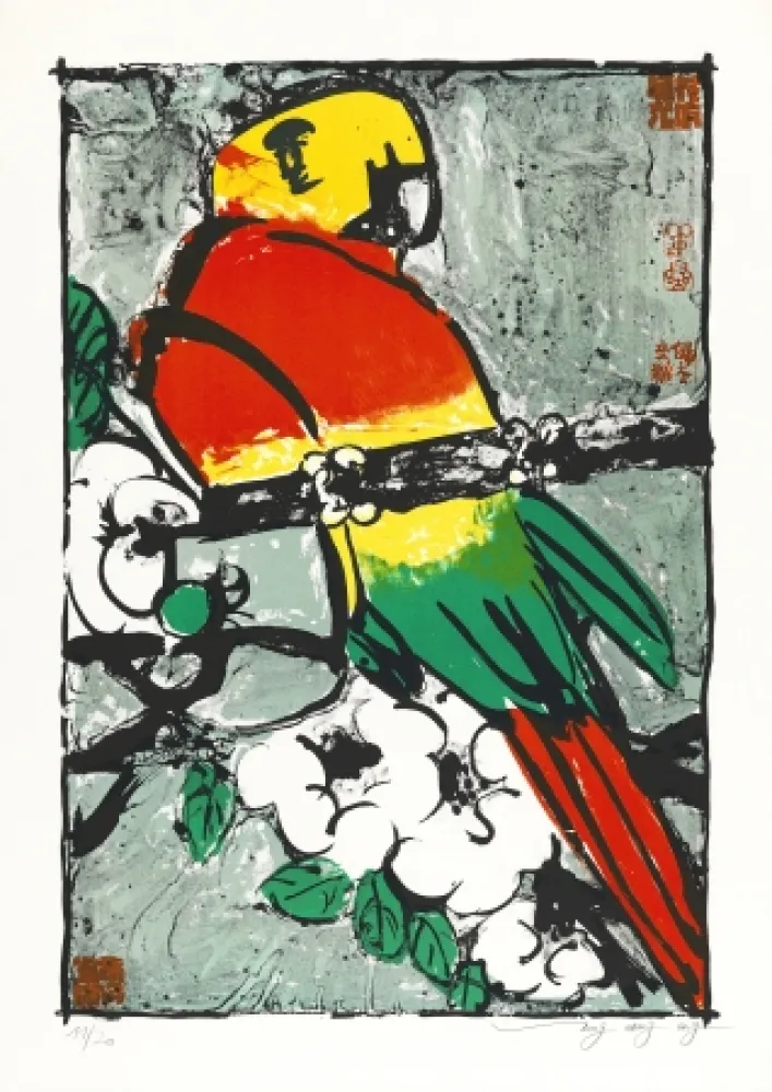 Litografia Tongzhengang - Perroquet  fond gris bleu