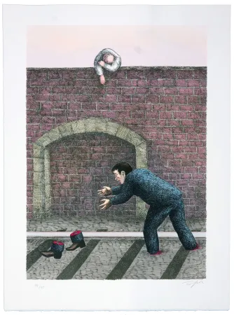 Litografia Topor - Gare de Mâcon, Mouroux eut les jambes coupées en deux par une machine. 