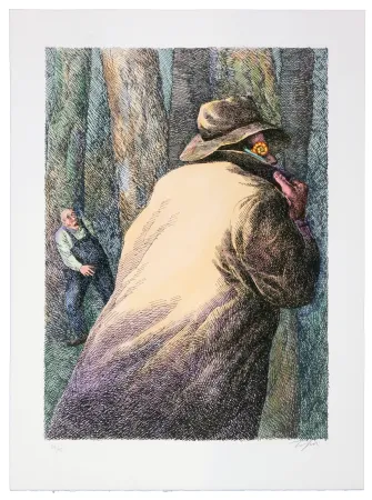 Litografia Topor - Le sombre rôdeur aperçu par le mécanicien Gicquel, près de la gare d'Herblay, est retrouvé : Jules Ménard, ramasseur d'escargots