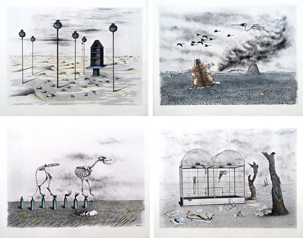 Libro Illustrato Toyen - Jindrich Heisler : CACHE-TOI GUERRE ! Cycle de Neuf Dessins. 1944. Ex. aquarellé.