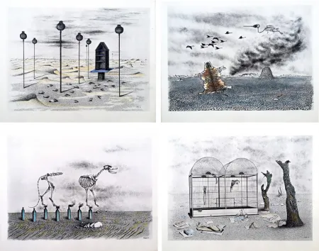 Libro Illustrato Toyen - Jindrich Heisler : CACHE-TOI GUERRE ! Cycle de Neuf Dessins. 1944. Ex. aquarellé.