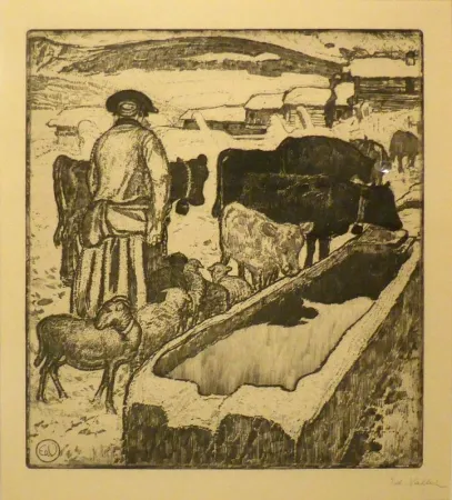 Acquaforte E Acquatinta Vallet - Le troupeau à l'abreuvoir / Die Herde an der Tränke