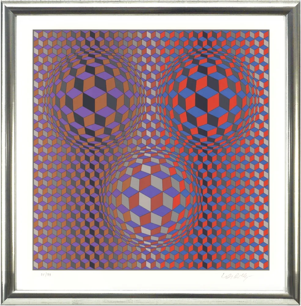 Litografia Vasarely - Komposition in Rot und Violett