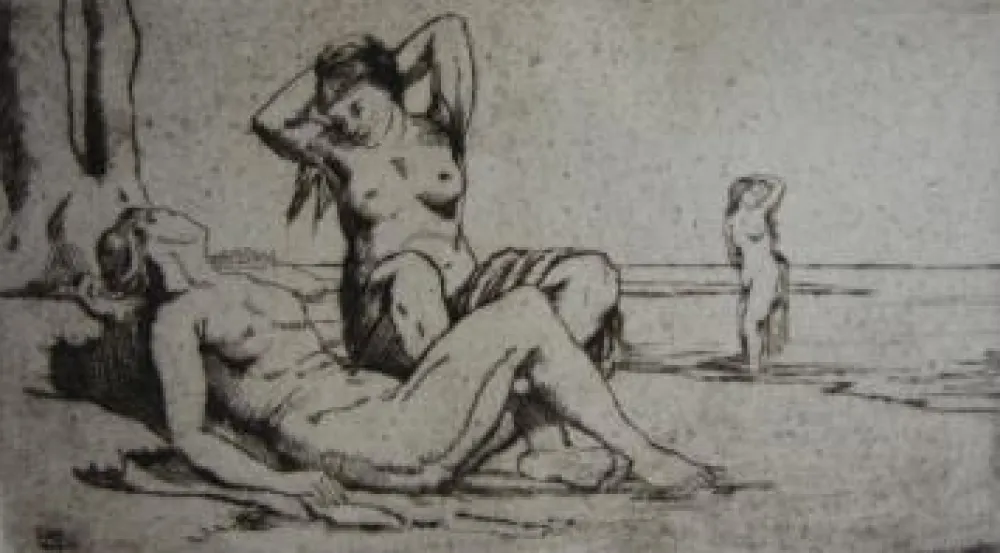 Incisione Wilm - Badende Frauen / Bathing Women