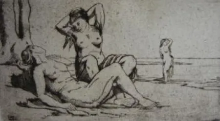 Incisione Wilm - Badende Frauen / Bathing Women