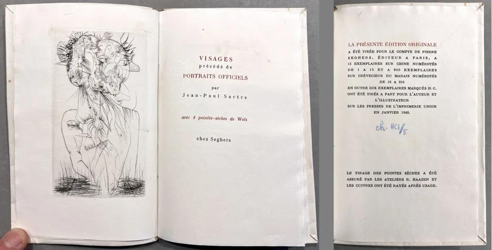 Libro Illustrato Wols - Sartre. VISAGES. 4 pointes-sèches de Wols. 1 des 15 ex. sur Chine (1948)