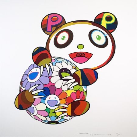 Serigrafia Murakami - A Panda Cub Hugging a Ball of Flowers