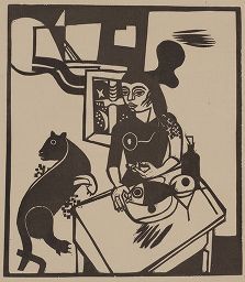 Incisione Su Legno Campendonk - Am Tisch sitzende Frau mit Katze und Fisch / Woman Sitting at Table with Cat and FIsh
