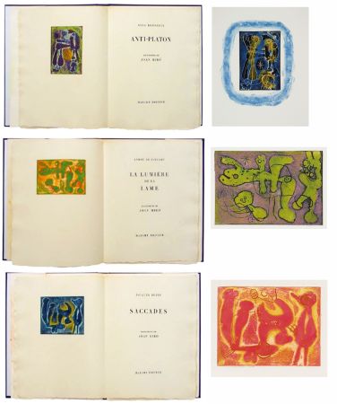Libro Illustrato Miró - ANTI-PLATON - LA LUMIÈRE DE LA LAME - SACCADES. 3 volumes. 24 EAUX-FORTES AVEC SUITE COMPLÈTE (1962).