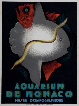 Litografia Carlu - Aquarium de Monaco, 1928