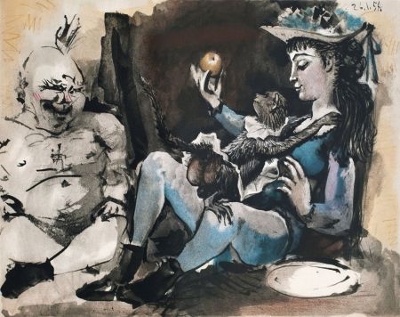 Litografia Picasso - Arlequín con mono