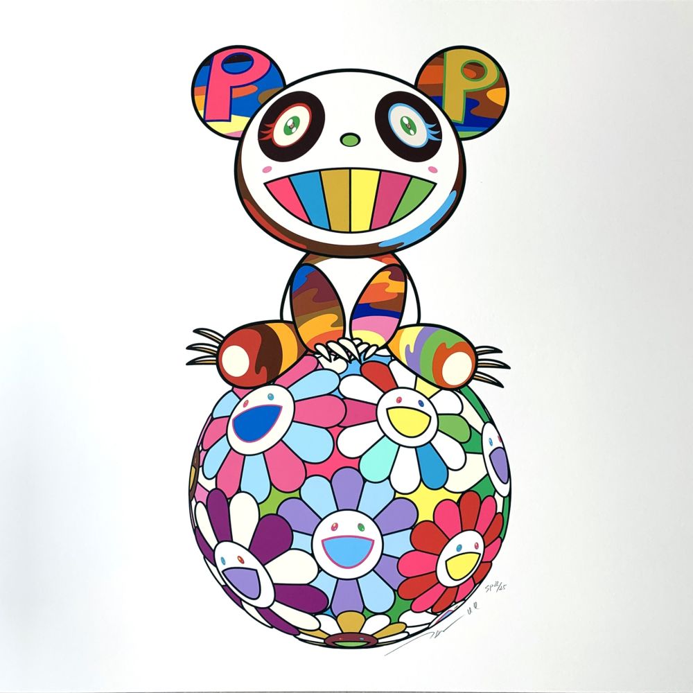 Serigrafia Murakami - Atop a Ball of Flowers, A Panda Cub Sits Properly