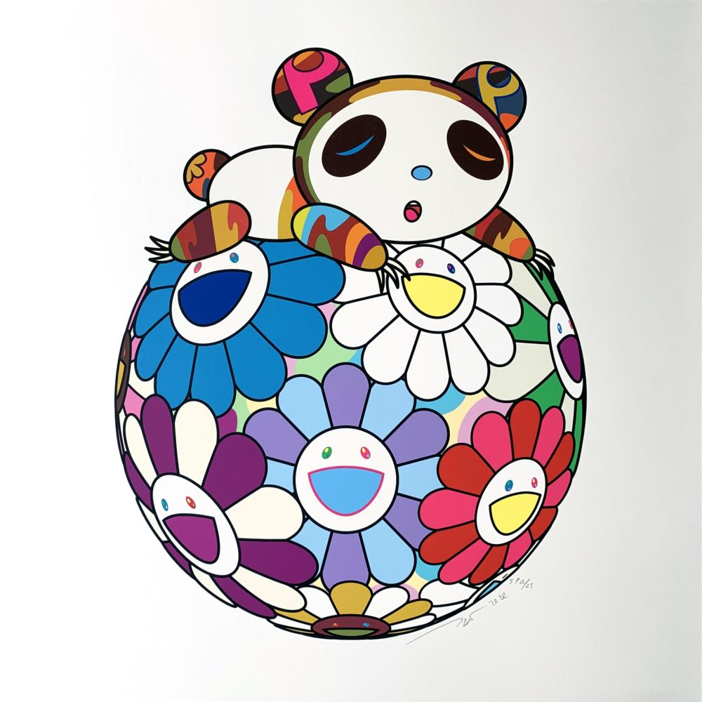 Serigrafia Murakami - Atop a Ball of Flowers, A Panda Cub Sleeps