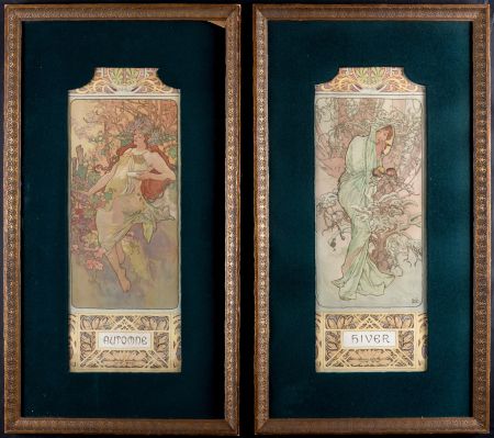 Litografia Mucha - Automne & Hiver, 1896 - Set of 2 original decorative lithograph panels - Framed !