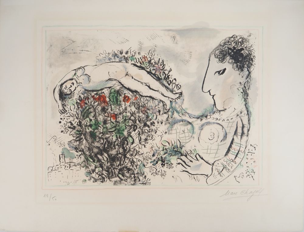Litografia Chagall - Autoportrait au bouquet et nu