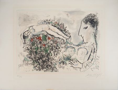 Litografia Chagall - Autoportrait au bouquet et nu