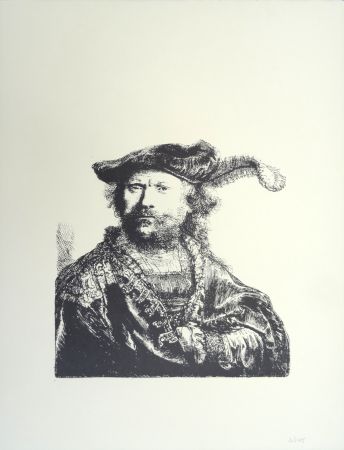 Litografia Rembrandt - Autoportrait au béret et à la plume