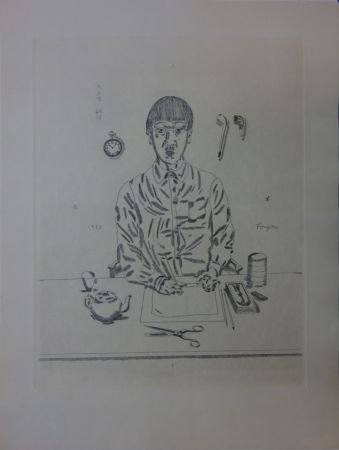Incisione Foujita - Autoportrait à la table de travail