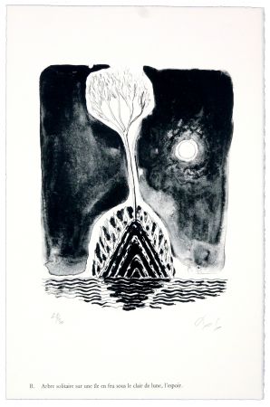Litografia Nørgaard - B. Abre solitaire sur une ile sous le clair de lune, l'espoir