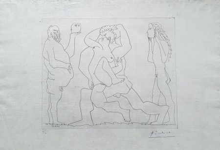 Incisione Picasso - Bacchanale au hibou et au jeune homme masqué